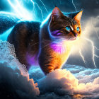 Digitally altered cat with glowing outlines in dynamic lightning waves