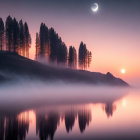 Tranquil crescent moon and sun over misty lake with silhouetted treeline