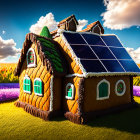 Illustrated gingerbread house with solar panels in vibrant flower landscape