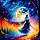 Colorful painting of figure under starry sky with moon, autumn trees, and dark forest