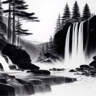 Serene monochromatic waterfall scene with pine trees and mountains