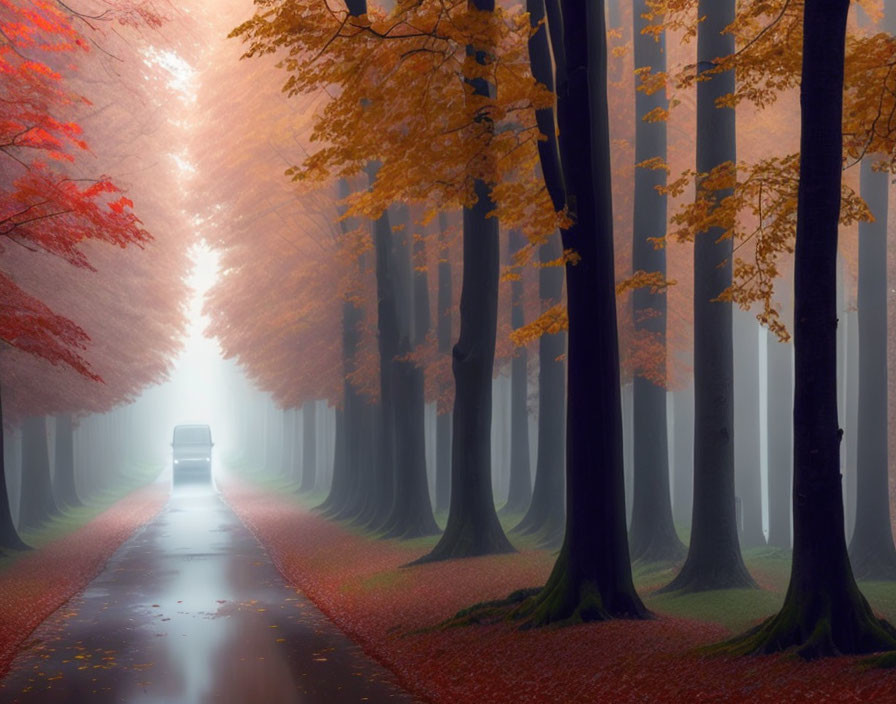 Misty Autumn Forest Road with Car Silhouette in Bright Light