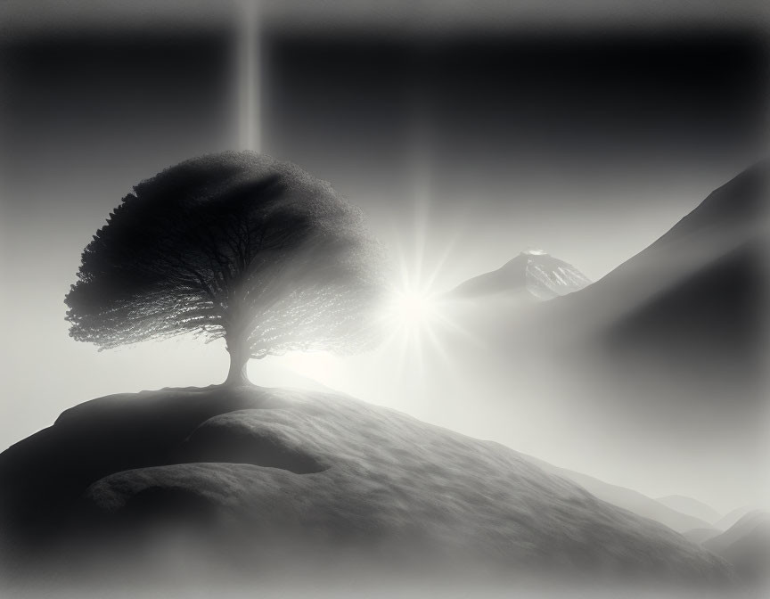 Silhouette of lone tree on rocky outcrop with sun rays through misty mountains