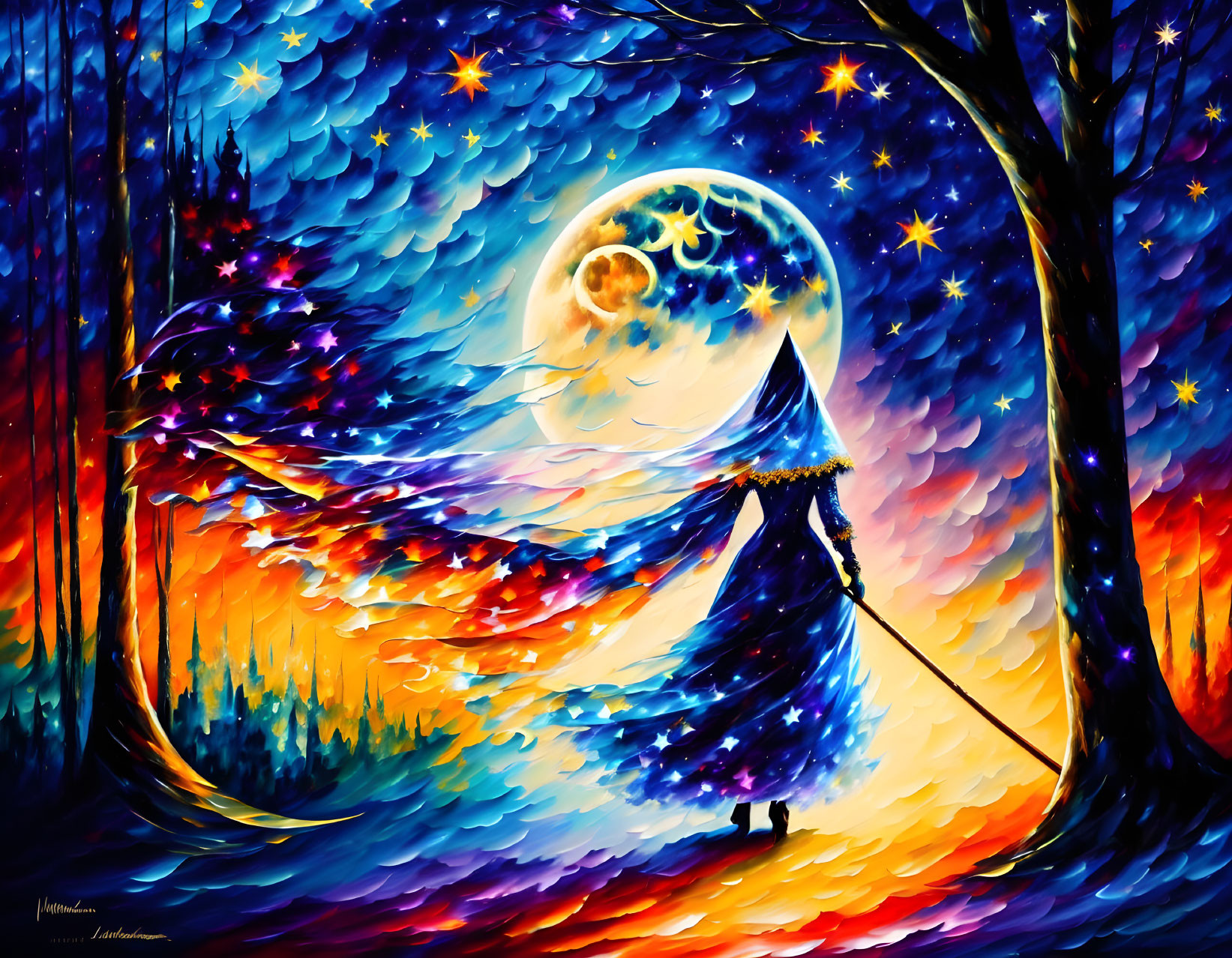 Colorful painting of figure under starry sky with moon, autumn trees, and dark forest