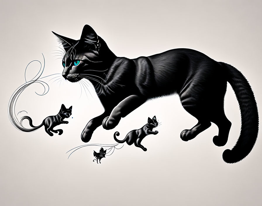 Stylized black cat illustration with blue eyes and gradient effect.