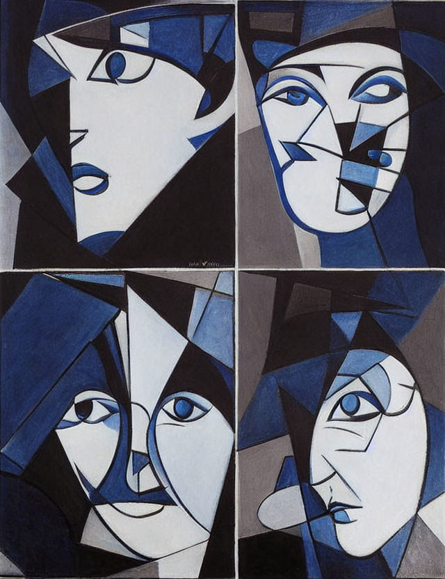 Geometric Cubist-style painting of fragmented faces with focus on eyes and noses