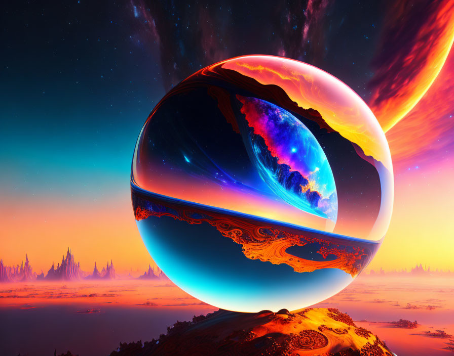 Colorful surreal landscape with giant spherical object and cosmic patterns