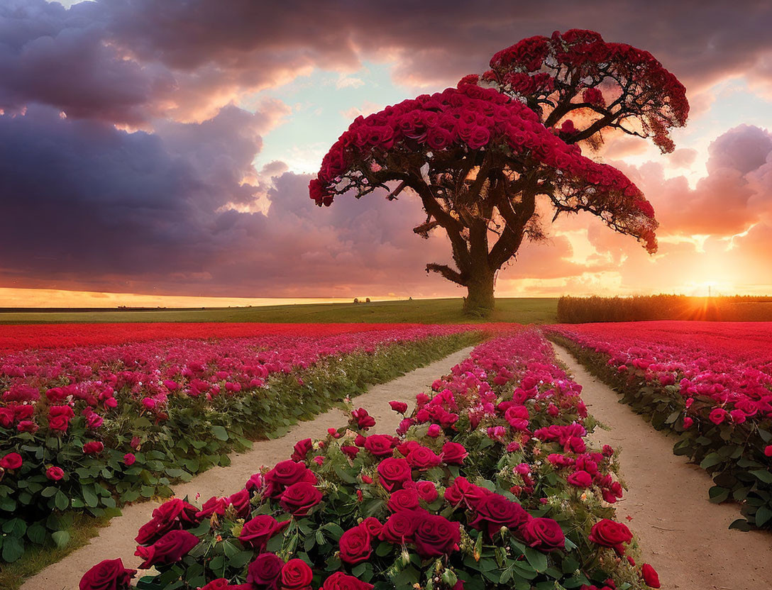 Scenic landscape with red blossomed tree and rose fields at sunset