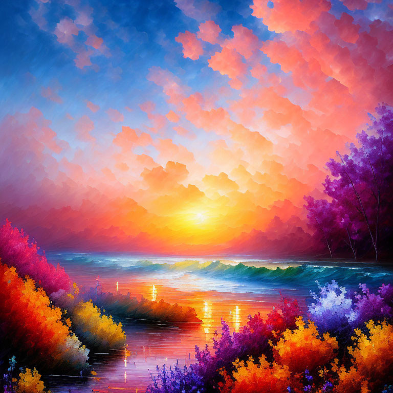 Colorful sunset painting with orange clouds, blue sea, and vibrant trees.