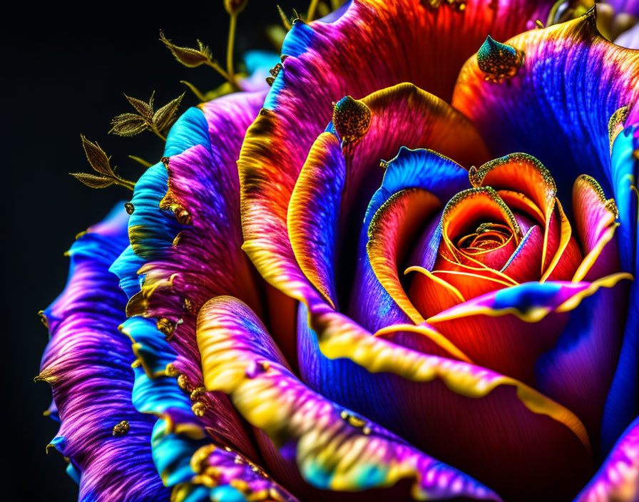 Colorful Rainbow Rose on Dark Background: Blue, Purple, Yellow, Red