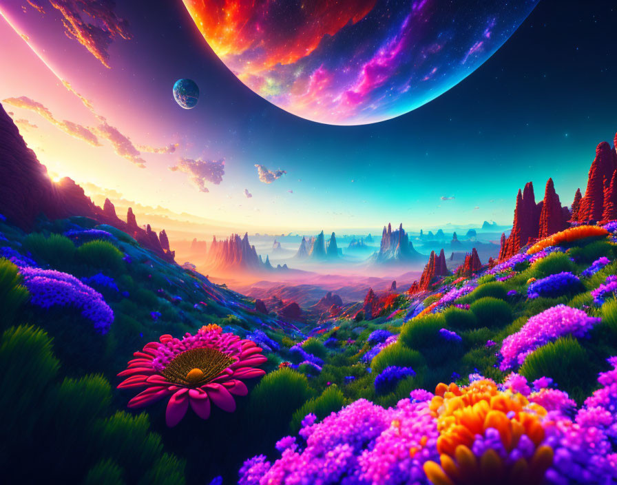 Colorful Flora in Surreal Twilight Landscape