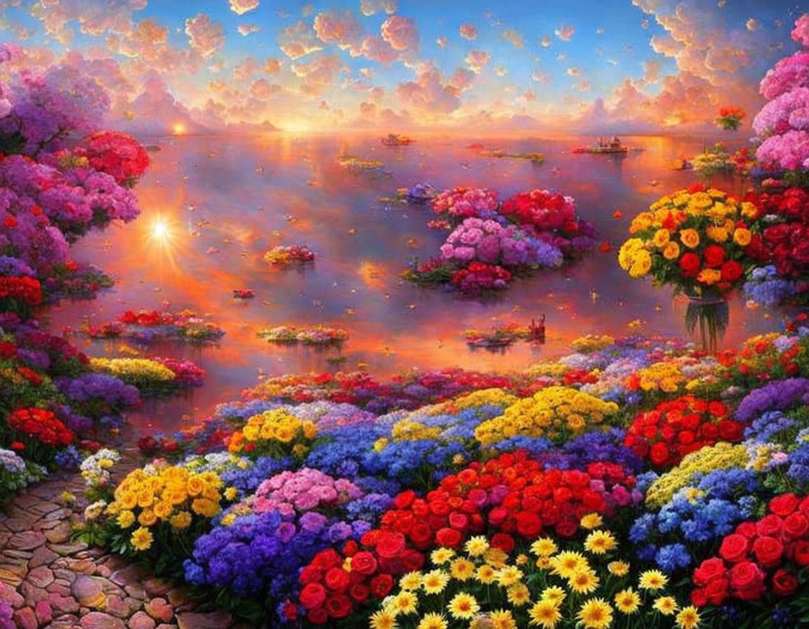 Colorful Flower Landscape at Sunset with Reflections