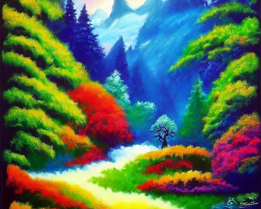 Colorful Forest Painting with Red, Green, and Yellow Trees and Misty Blue Mountains