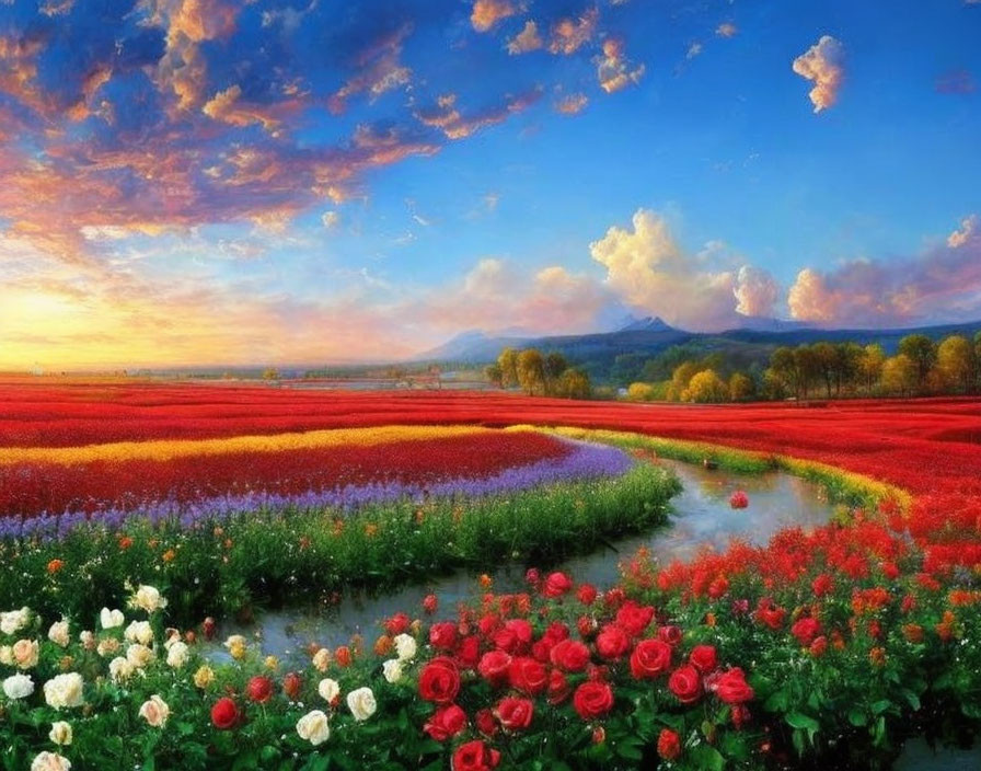 Colorful Flower Field with River, Mountains, and Sunset Sky