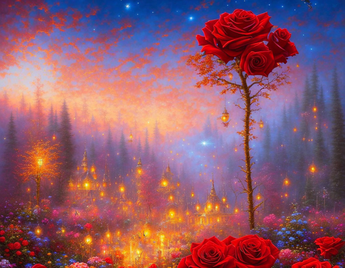 Fantasy landscape with oversized red roses and illuminated castle-like buildings