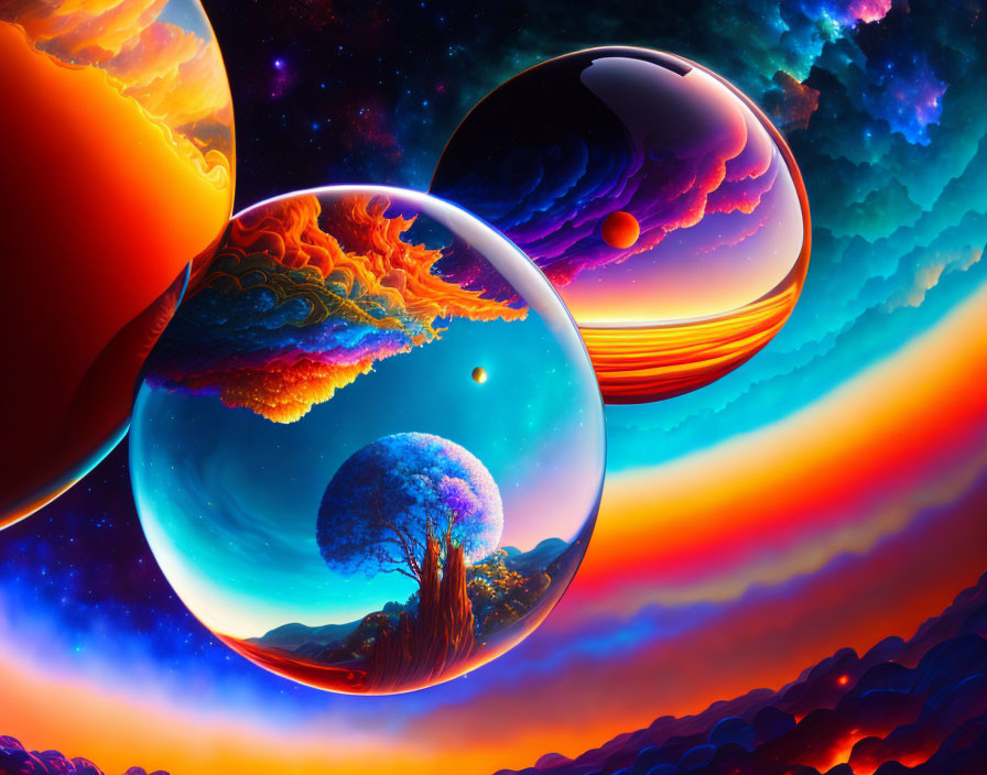 Colorful Cosmic Artwork Showcasing Planets and Starry Sky