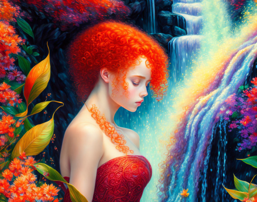 Red-haired woman in lush scenery with waterfalls and orange flowers