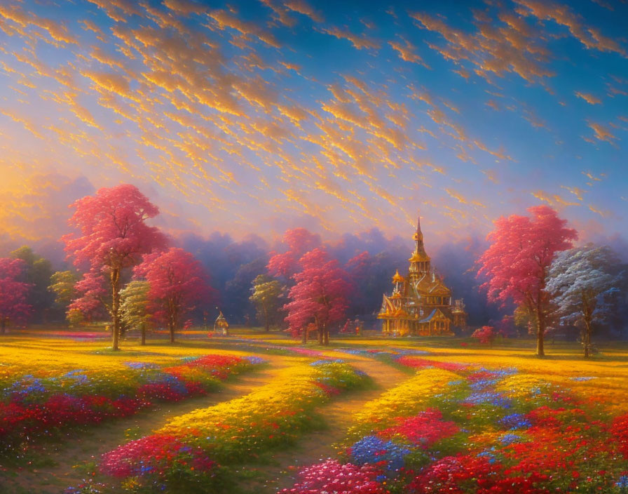 Colorful landscape with whimsical path and pink trees under dreamy sky