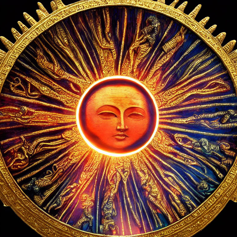 Colorful sun with face surrounded by golden rays on dark background