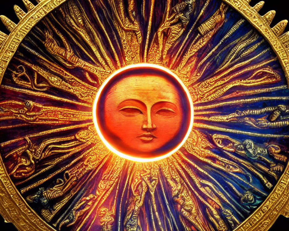 Colorful sun with face surrounded by golden rays on dark background