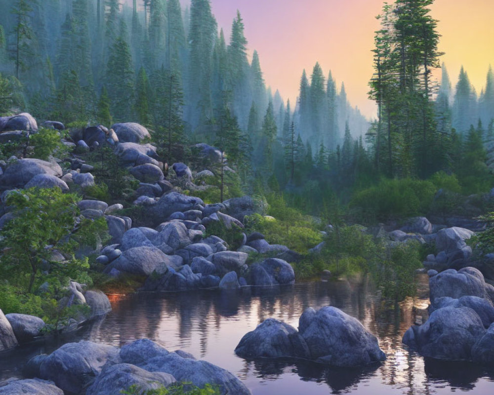 Tranquil Sunrise Scene: Misty Forest, Pond, Rocks, Pine Trees