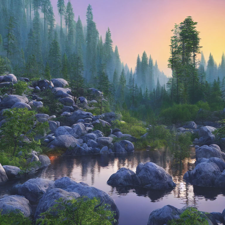 Tranquil Sunrise Scene: Misty Forest, Pond, Rocks, Pine Trees