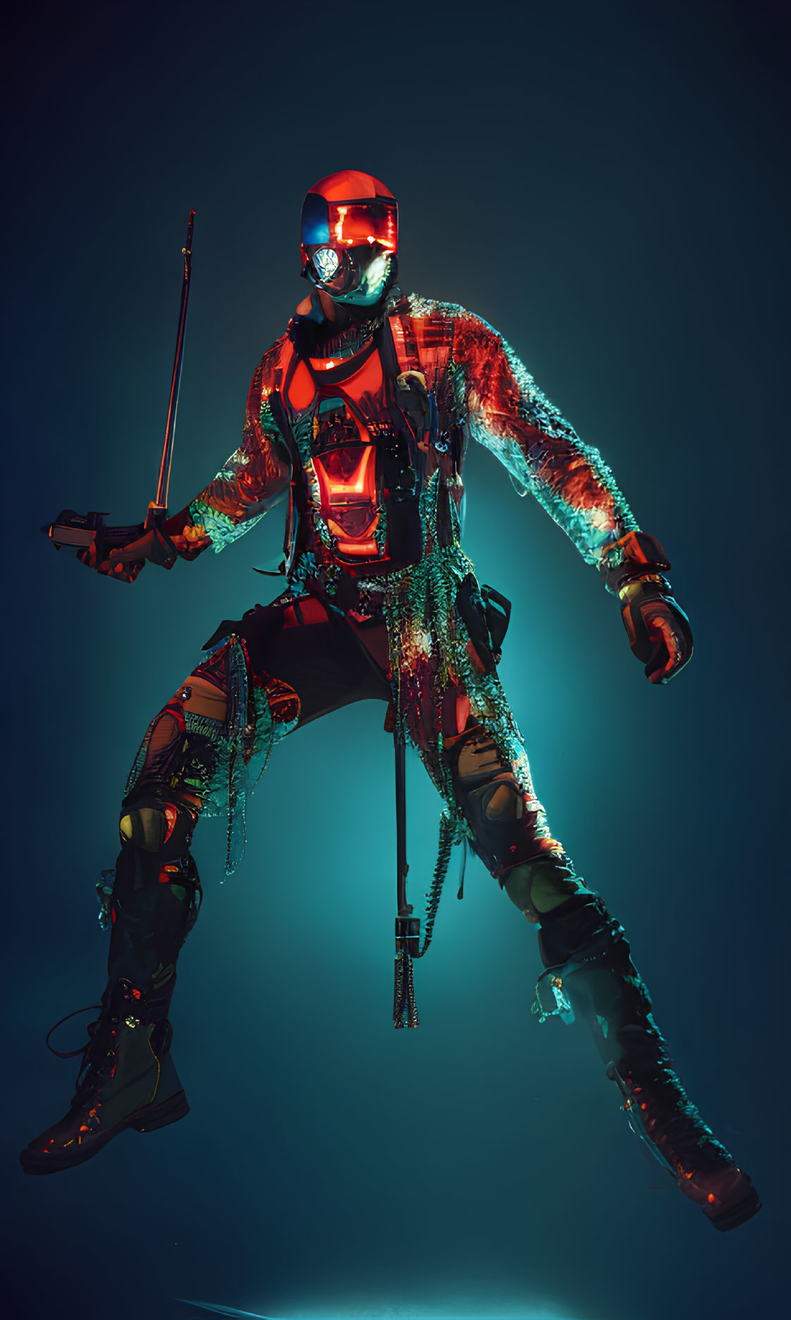 Cyberpunk figure in reflective helmet and neon-lit gear on blue gradient background