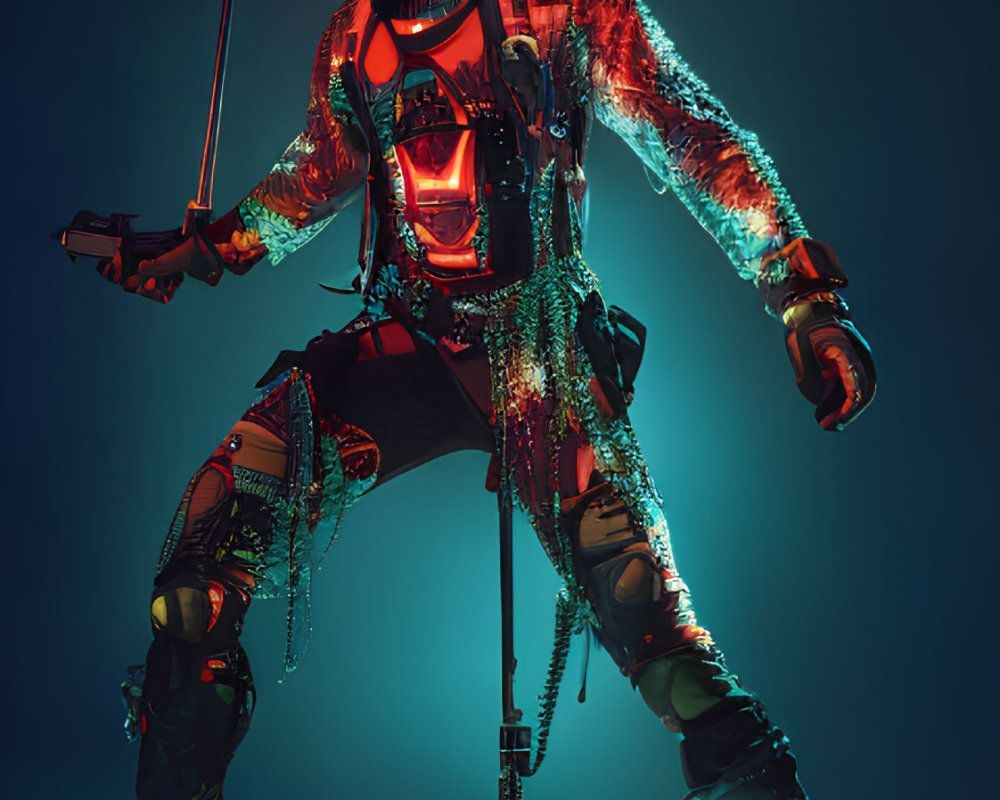 Cyberpunk figure in reflective helmet and neon-lit gear on blue gradient background