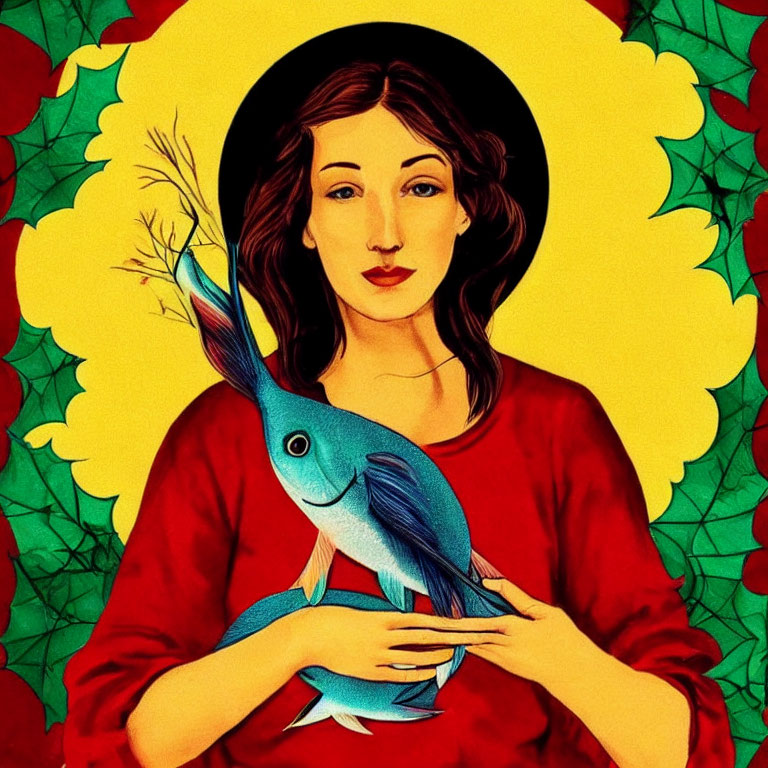 Stylized illustration of woman with halo holding blue fish in red and green foliage