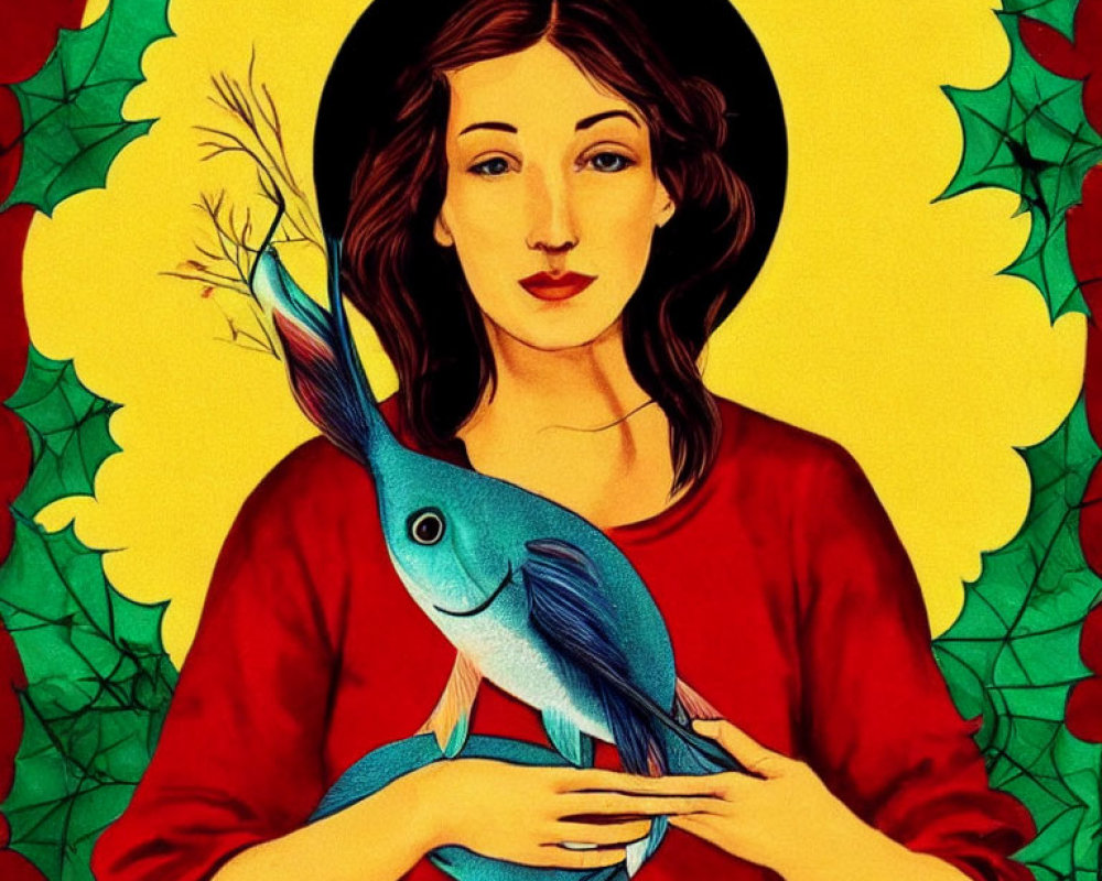 Stylized illustration of woman with halo holding blue fish in red and green foliage