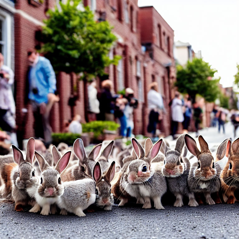 Group of bunnies on street with blurred people and brick buildings