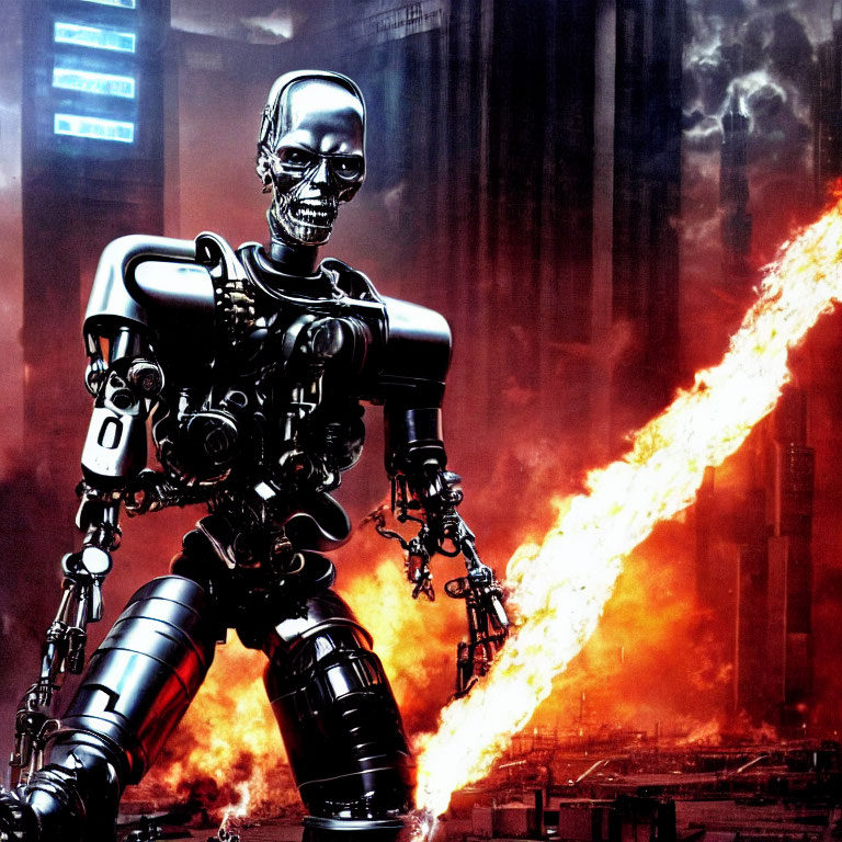 Futuristic robot breathing fire in industrial setting