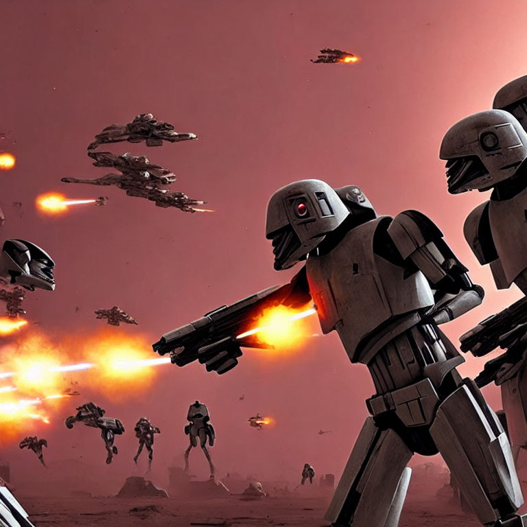 Battle droids with blasters on barren battlefield under reddish sky filled with explosions and starships.