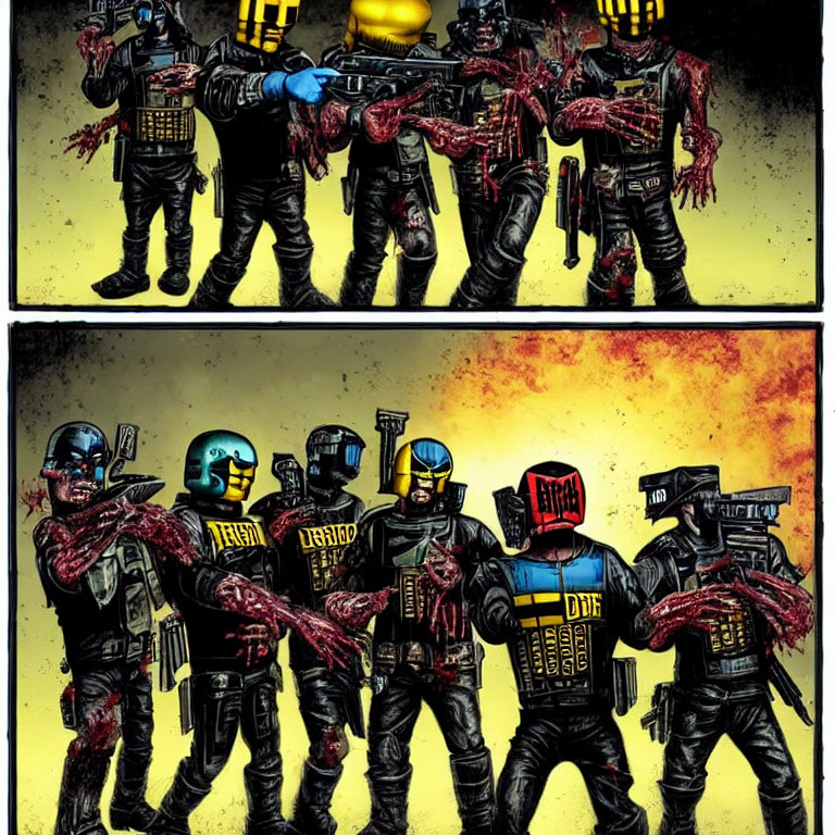 Futuristic soldiers in uniform with weapons in a comic strip panel