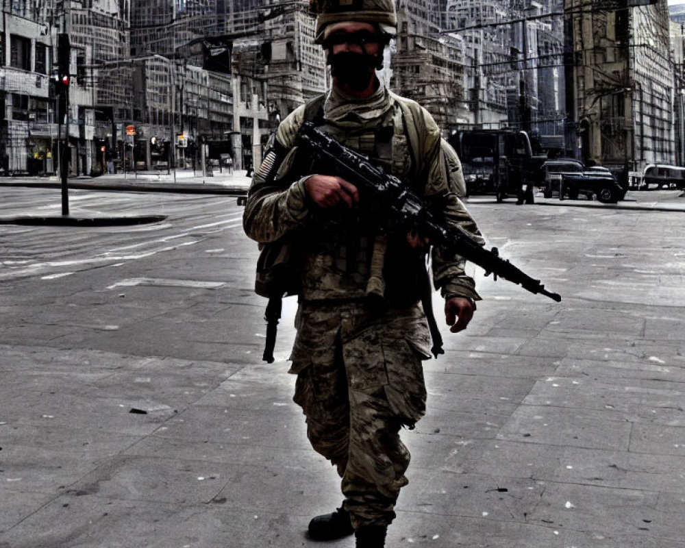 Person in military fatigues with rifle in urban setting.