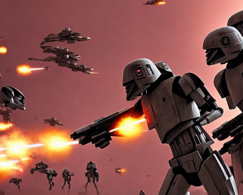 Battle droids with blasters on barren battlefield under reddish sky filled with explosions and starships.