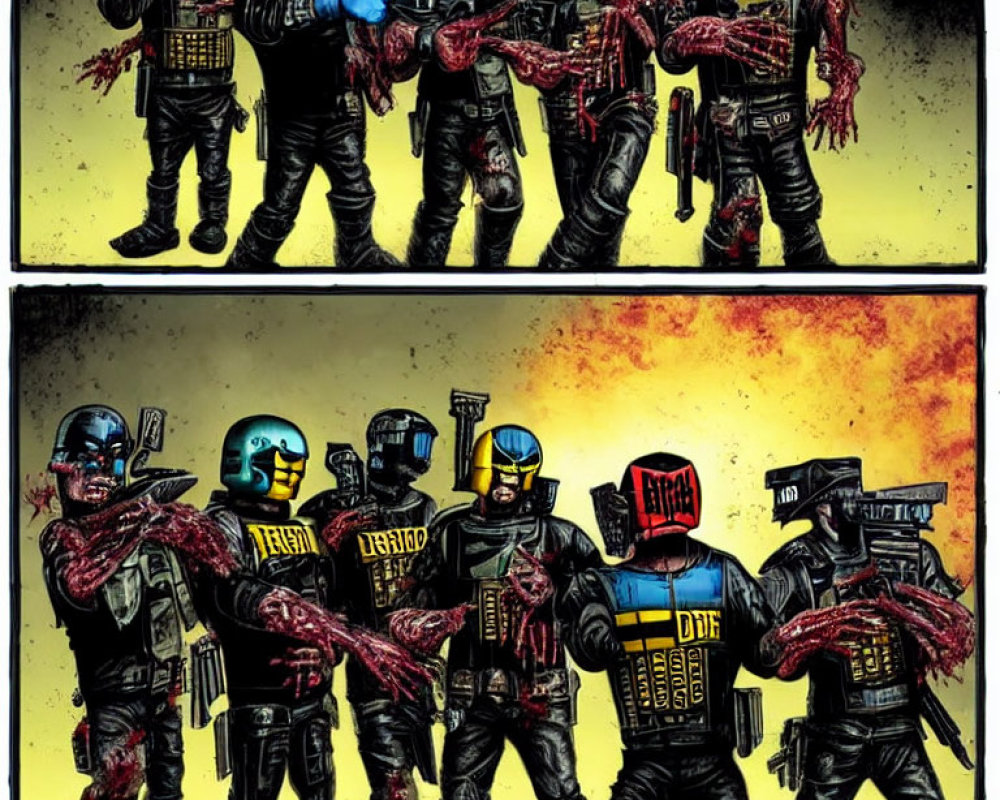 Futuristic soldiers in uniform with weapons in a comic strip panel