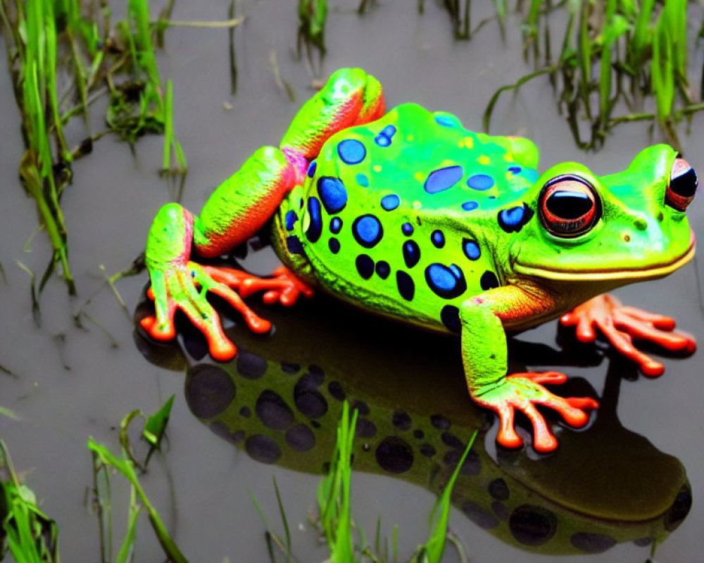 Colorful Toy Frog Reflecting on Water Surface with Grass Blades