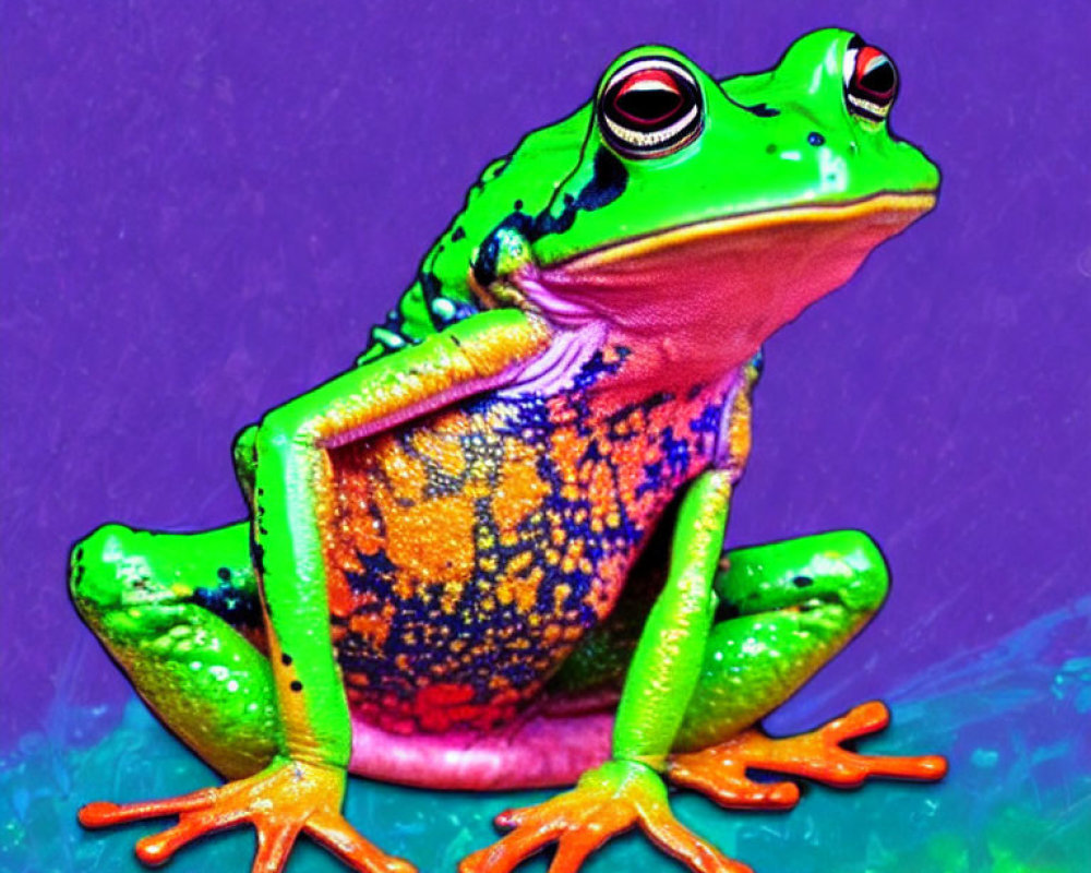 Vibrant frog illustration with green, purple, orange, and blue patterns