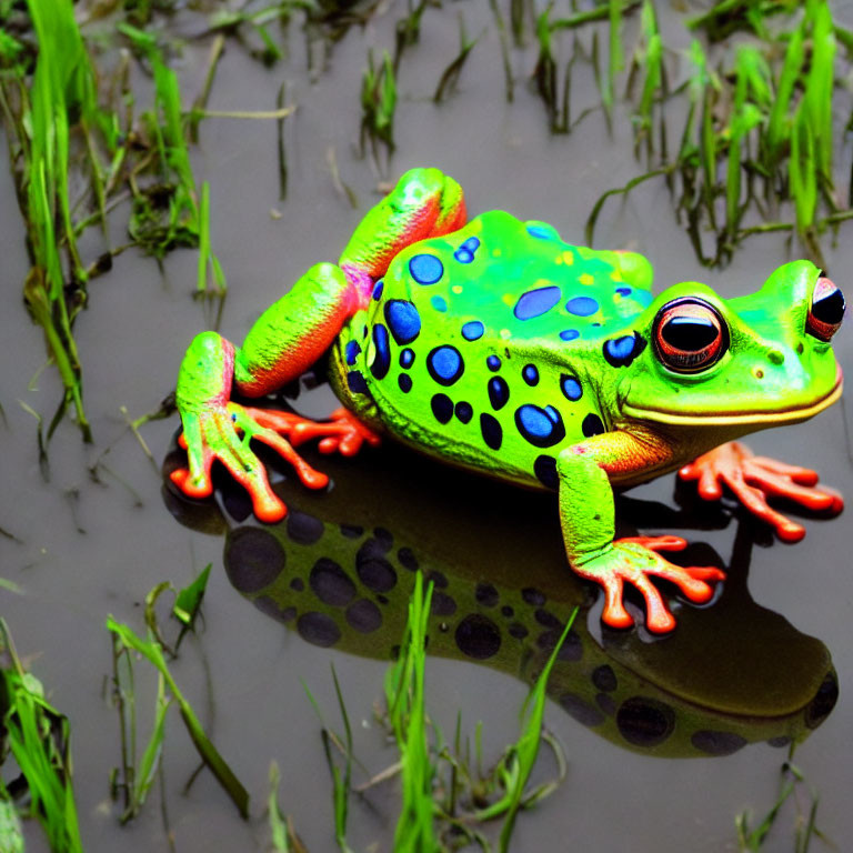 Colorful Toy Frog Reflecting on Water Surface with Grass Blades