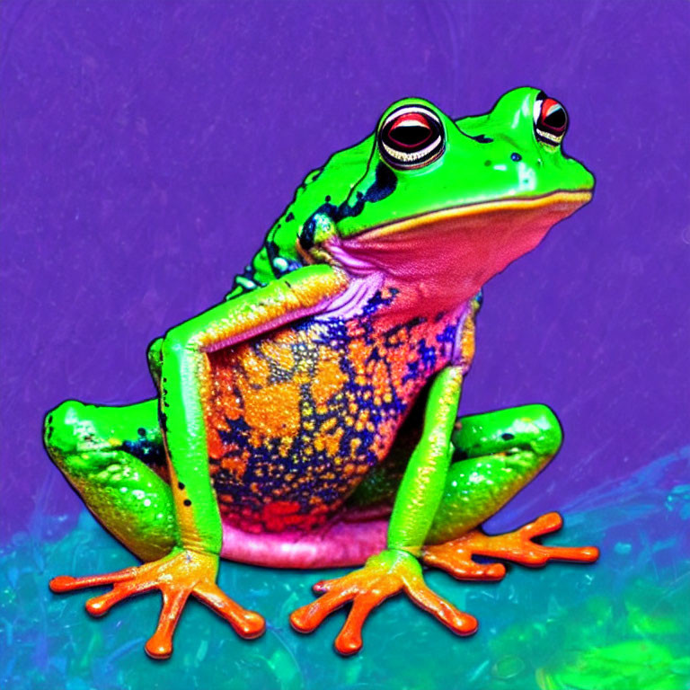 Vibrant frog illustration with green, purple, orange, and blue patterns