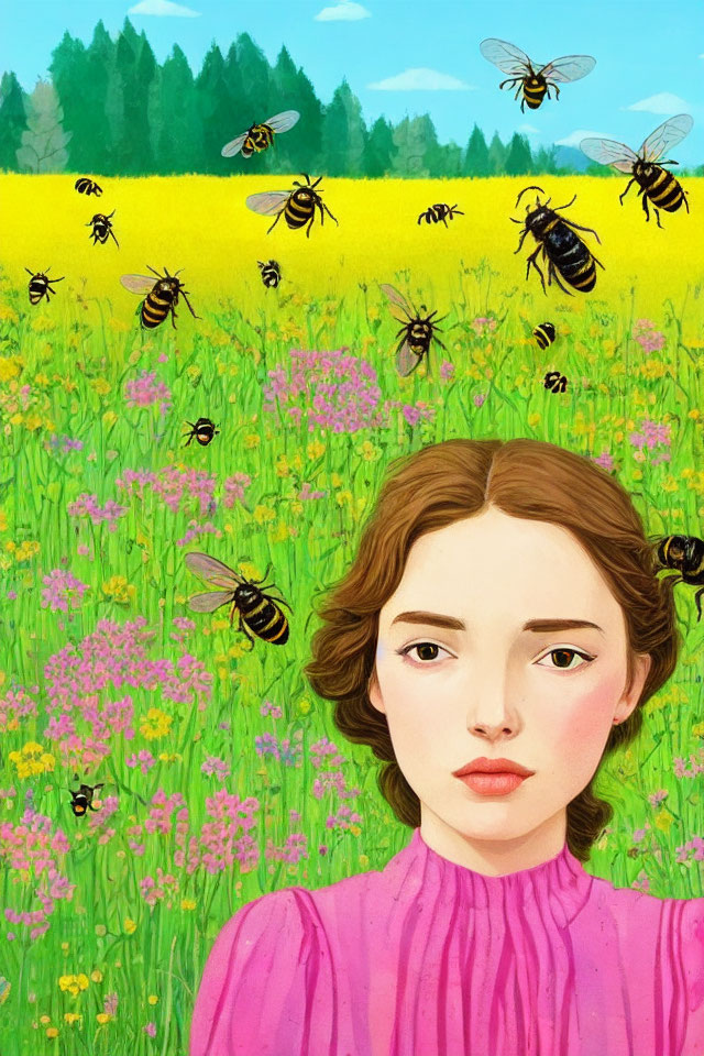 Woman in contemplative pose among vibrant flowers and oversized bees.