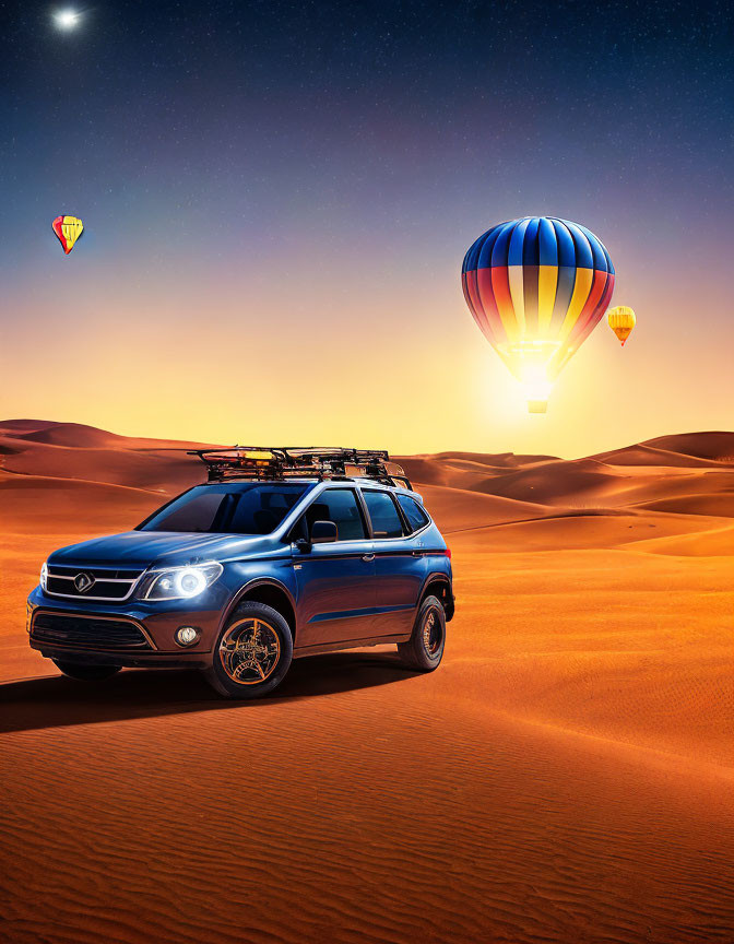 Blue SUV parked in sandy desert with dunes under twilight sky and hot air balloons.