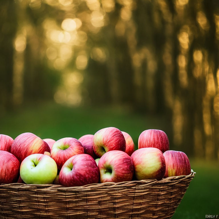 Ripe red and green apples in sunlit forest clearing