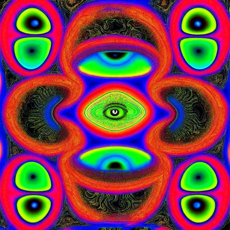 Colorful abstract art with central green eye and symmetrical patterns in red and blue