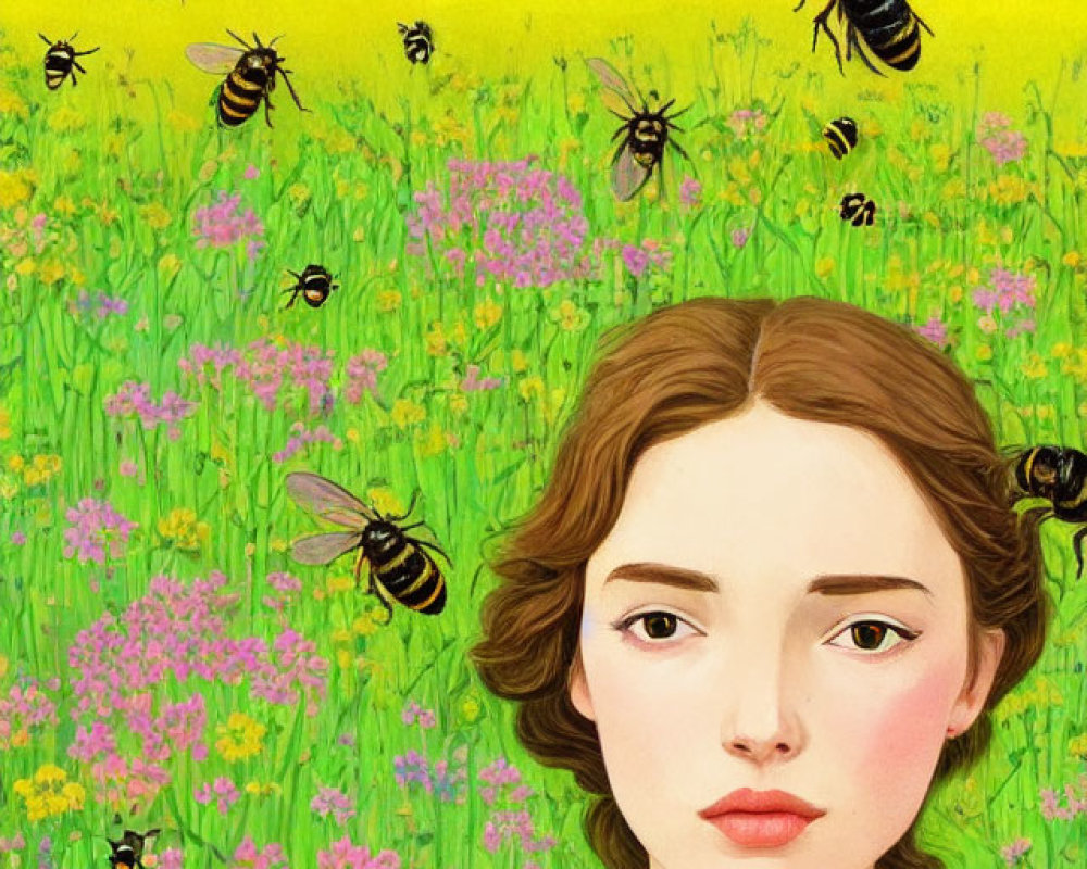 Woman in contemplative pose among vibrant flowers and oversized bees.