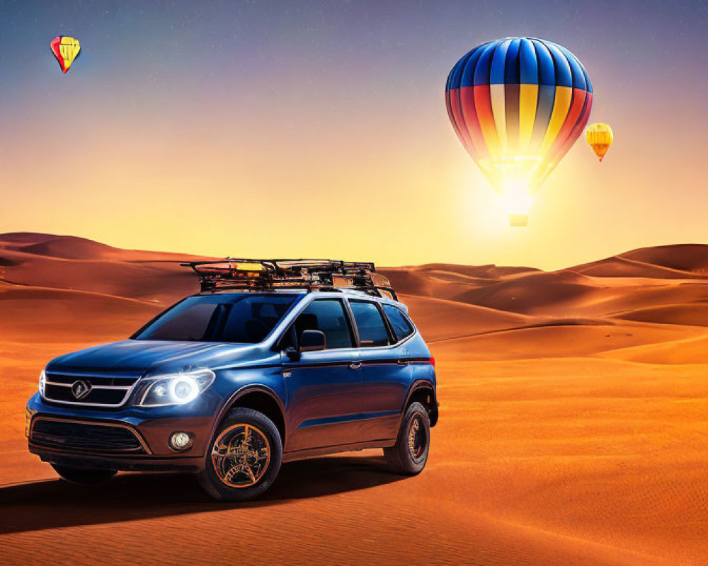 Blue SUV parked in sandy desert with dunes under twilight sky and hot air balloons.