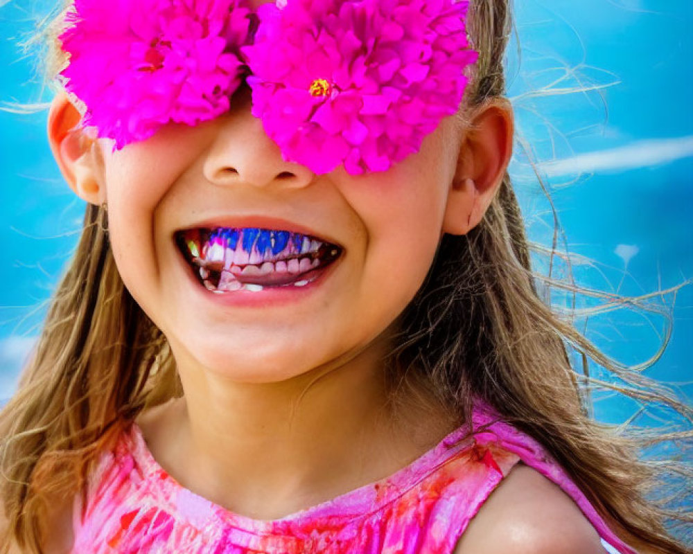 Smiling girl with pink flowers and tie-dye dress on blue background