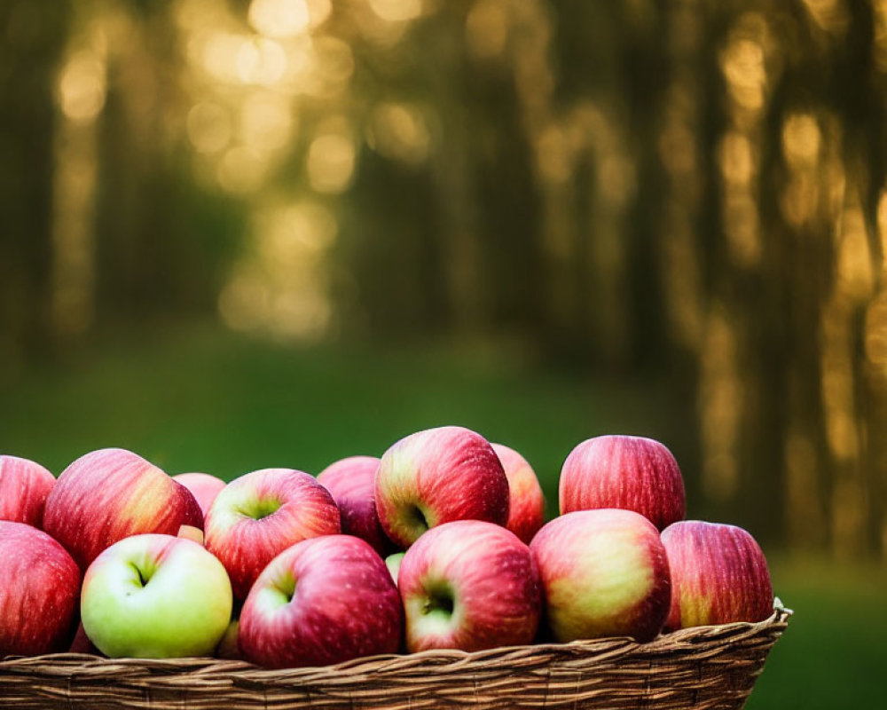 Ripe red and green apples in sunlit forest clearing