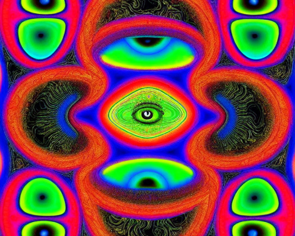 Colorful abstract art with central green eye and symmetrical patterns in red and blue